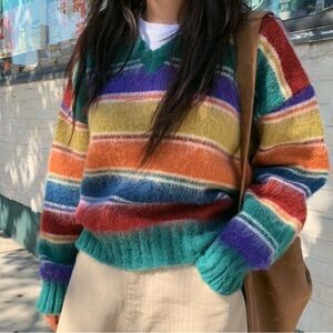 POL Multicolor Striped V-Neck Sweater Women’s Size Large
